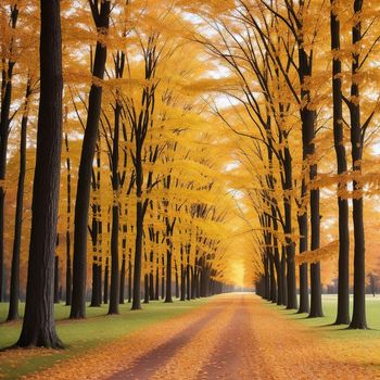 dirt road surrounded by trees with yellow leaves on it and a yellow sky in the background with a few clouds