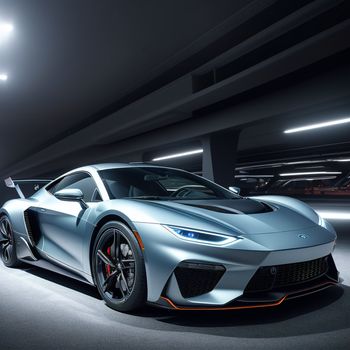 silver sports car parked in a parking garage with lights on the ceiling and a black floor in front of it