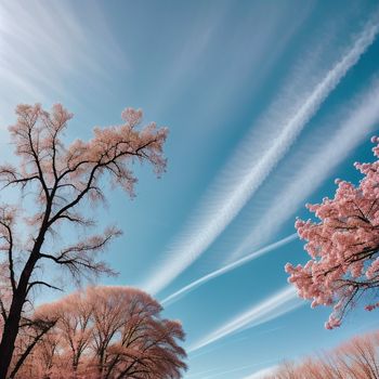 tree with pink flowers and a blue sky with wispy clouds in the background with a few contrails in the sky