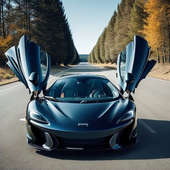 black sports car with open doors on a road with trees in the background and a blue sky with white clouds