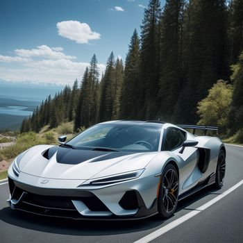 white sports car driving down a road next to a forest and a lake in the background with a blue sky