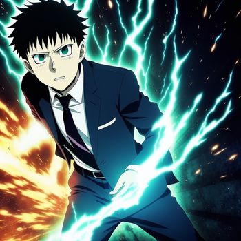 man in a suit and tie standing in front of a lightning background with his hands on his hips