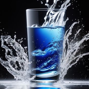 glass of water with a splash of water on it and a black background with a reflection of the water