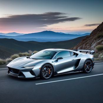 silver sports car driving down a road with mountains in the background at sunset or dawn in the evening