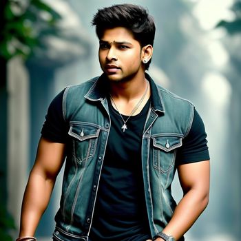 man in a black shirt and jeans standing in front of a forest with trees and a sky background