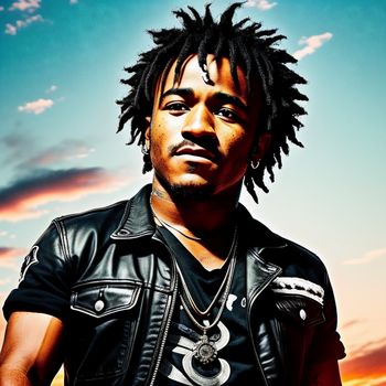 man with dreadlocks standing in front of a sunset and clouds in the background with a black leather jacket on