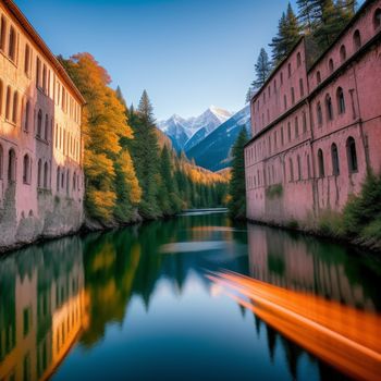 river running through a lush green forest covered hillside next to tall buildings with windows on each side of the river