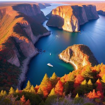 boat is in a lake surrounded by mountains and trees in autumn colors