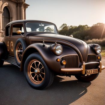 vintage car parked in front of a building with a clock on it's side window and a sun shining on the front