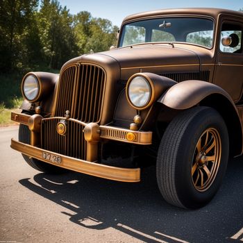 brown car parked on the side of a road next to a forest of trees and bushes on a sunny day