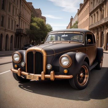 vintage car is parked on the street in front of a building with a clock on it's side