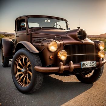 brown car parked on the side of a road in the desert at sunset or dawn with a sky background