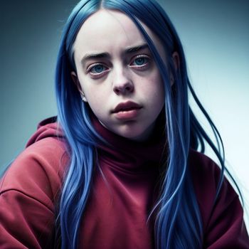woman with blue hair and a red hoodie looks at the camera with a serious look on her face