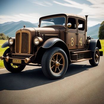 an old truck is driving down the road in the country side of the country side