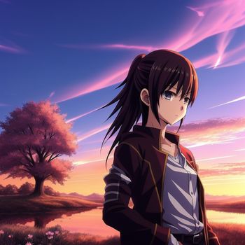 girl with long hair standing in front of a sunset and trees with pink clouds in the background and a pink sky