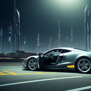 silver sports car parked in front of a city at night with its door open and lights on in the background