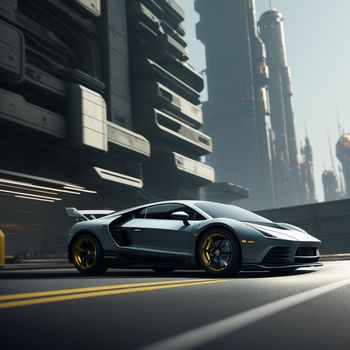 silver sports car driving down a city street in front of tall buildings and a yellow traffic light on a sunny day