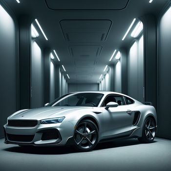 silver sports car parked in a tunnel of light in a building with a black floor and white walls