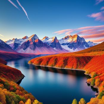 lake surrounded by mountains with a sky background and a colorful sky above it