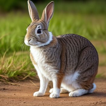 small rabbit sitting on top of a dirt field next to grass and dirt ground with grass growing in the background