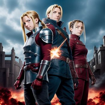 movie poster with two women in armor and a man in a red suit and a woman in a red suit