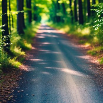 road in the middle of a forest with trees on both sides of it and a blurry image of the road