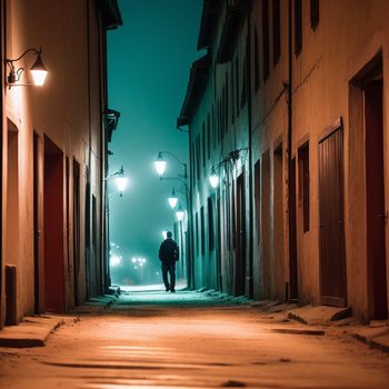 man walking down a street at night in a foggy city street with street lights on either side of the street