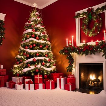 christmas tree with presents under it and a fireplace with a lit candle in the background and a red wall