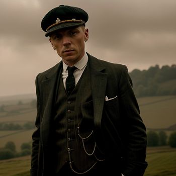 man in a suit and hat standing in a field with a cloudy sky behind him and a field of green grass