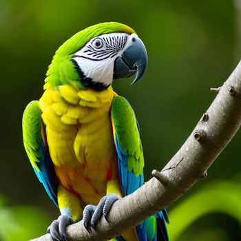 colorful parrot perched on a tree branch in a forest area with green leaves in the background and a blurry background