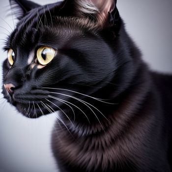 black cat with yellow eyes looking at the camera with a serious look on its face and chest