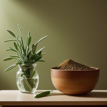 bowl of dirt next to a plant in a vase on a table with a green wall behind it