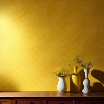 three vases with flowers on a table in front of a yellow wall with a shadow of a vase