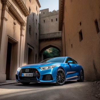 blue car parked in front of a building in a city street with a stone archway and a stone wall