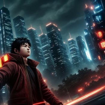 man in a red jacket holding a red light up in the air in front of a city at night