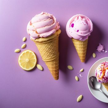 two ice cream cones with pink icing and a lemon slice on a plate with a spoon and a spoon