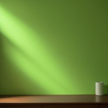 green wall with a white cup on a table in front of it and a green wall with a white cup on it