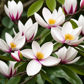 bunch of white and pink flowers on a tree branch with green leaves and a yellow center in the center