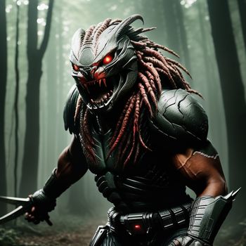 predator with red eyes and a black mask in the woods with a sword in his hand and a red glowing eye