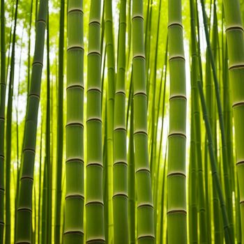 close up of a bamboo plant with green leaves and sunlight shining through the leaves on the back of the plant