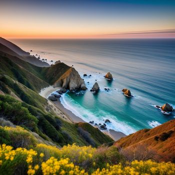 beautiful view of the ocean and a beach at sunset with yellow flowers in the foreground and a cliff in the background