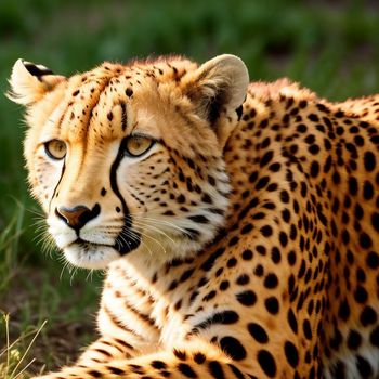 cheetah sitting in the grass looking at something in the distance with a blurry background of grass