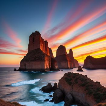 sunset view of the ocean with rocks and a lighthouse in the distance with a colorful sky above it