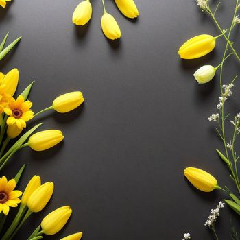 bunch of yellow flowers on a black surface with a white flower arrangement in the middle of the picture