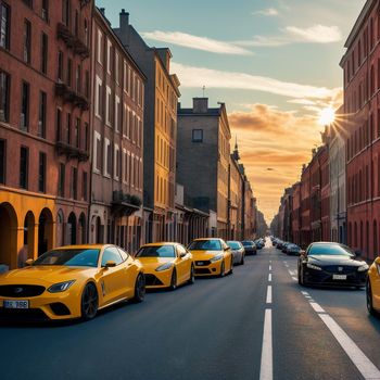 group of yellow sports cars parked on the side of a road in front of a row of buildings