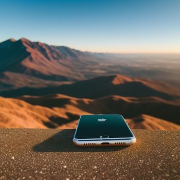 cell phone sitting on top of a table next to a mountain range in the distance with a blue sky