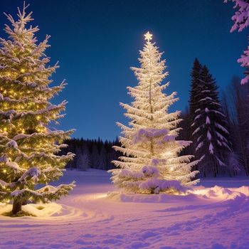 snowy landscape with a lit christmas tree and a snowy path in the foreground with a lit christmas tree