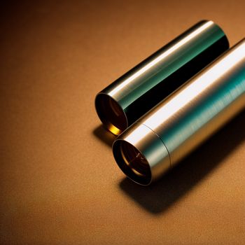 two metal tubes sitting on top of a table next to each other on a table top with a brown background