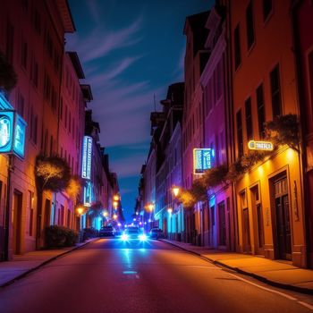 car driving down a street at night time with a neon sign on the building next to it and a street light