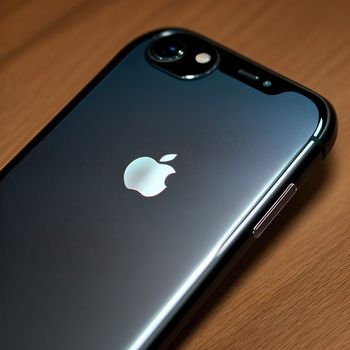 an iphone on a wooden table with a camera on top of it and a black apple logo on the back of the phone